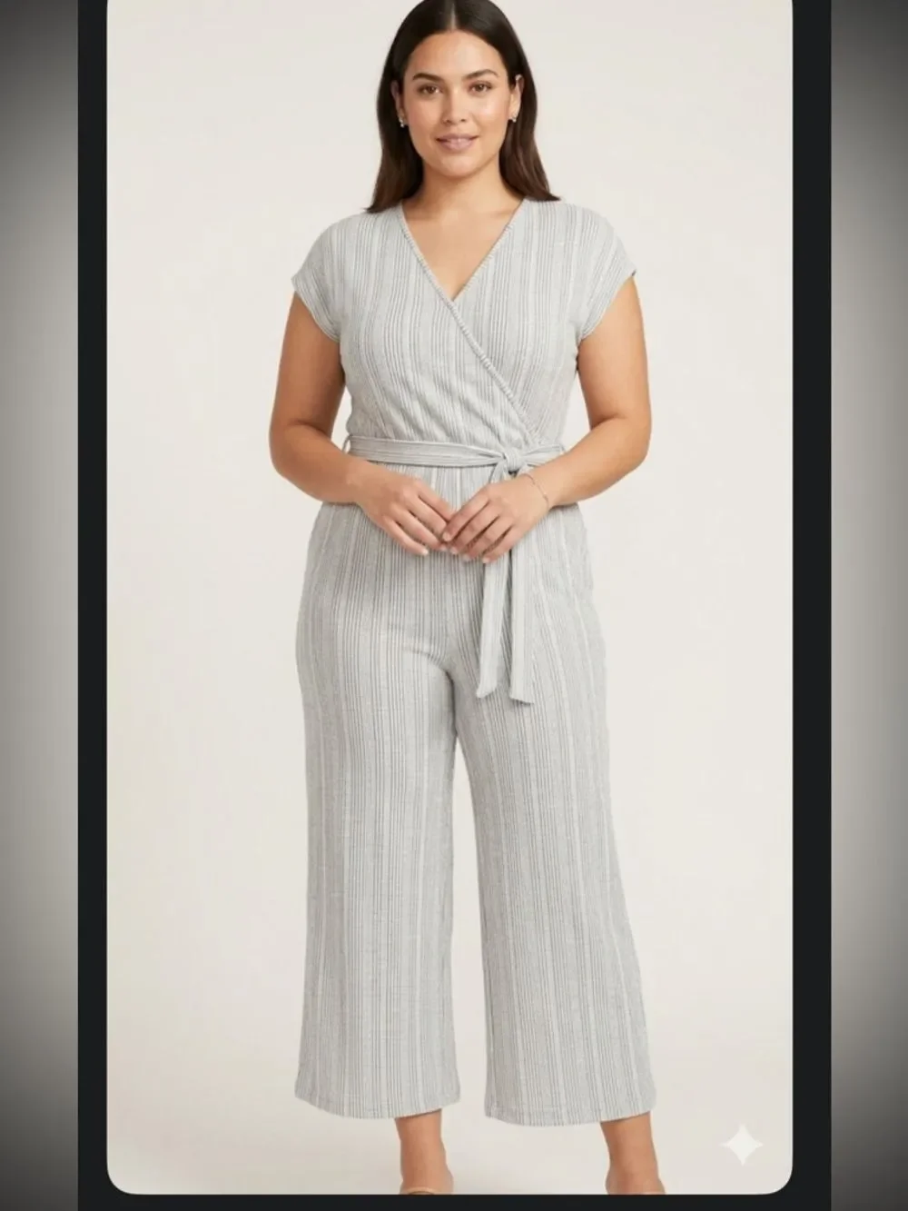 Caution To The Wind Ribbed V-Neck Faux wrap Tie-Waist Jumpsuit Gray stripe Sz L